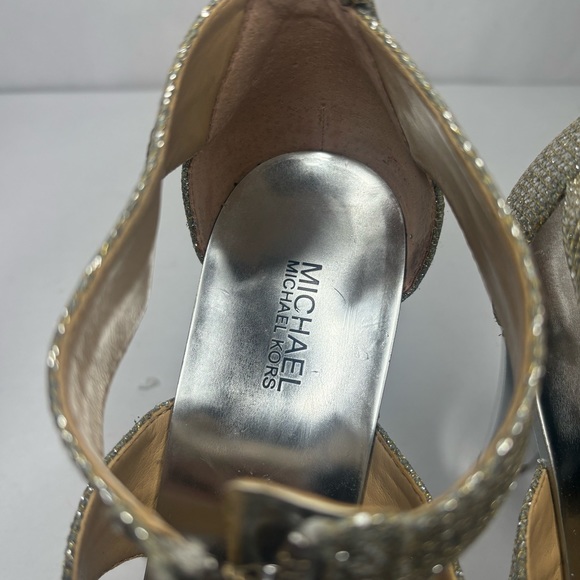 Michael Kors Berkley Silver Glitter Leather Zip Peep Toe T Strap Sandals Heels - Picture 8 of 12